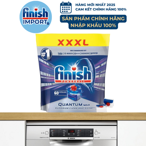 Túi 60 viên Finish Quantum Max 2021, viên lớn 14 tính năng, hương nguyên bản, dành cho máy rửa chén 10-13 bộ